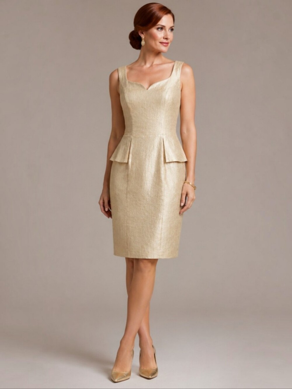 London Times Champagne Metallic Peplum Sheath Dress Size 6